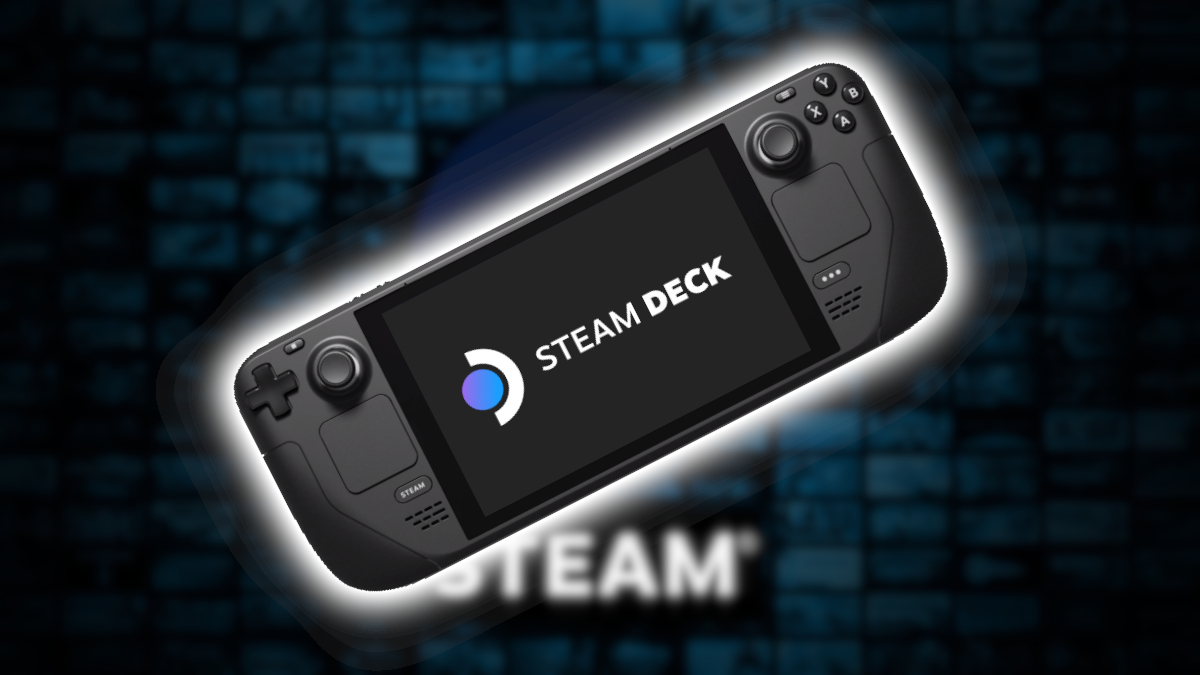 The Steam Deck with the Steam logo behind it.