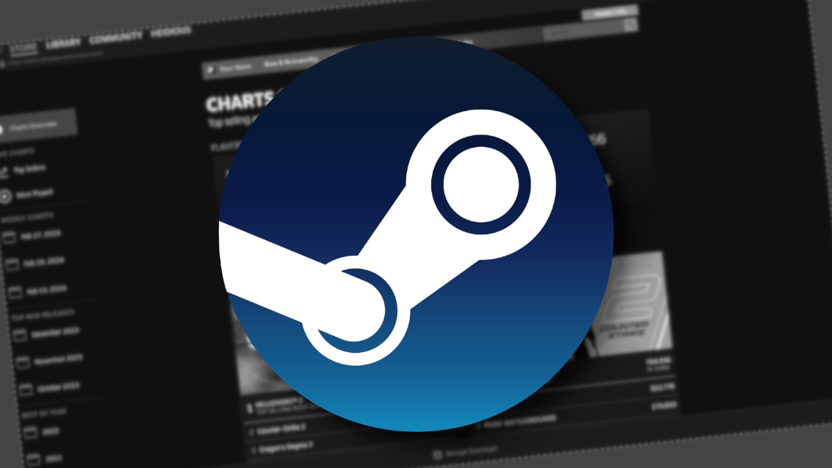 The Steam logo with a screenshot from the Steam client behind it.