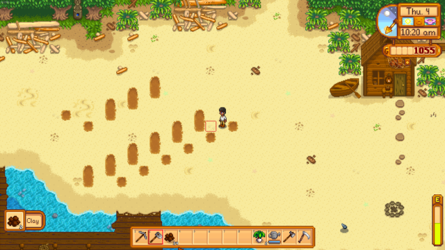 Using the hoe in Stardew Valley to quickly gather Clay