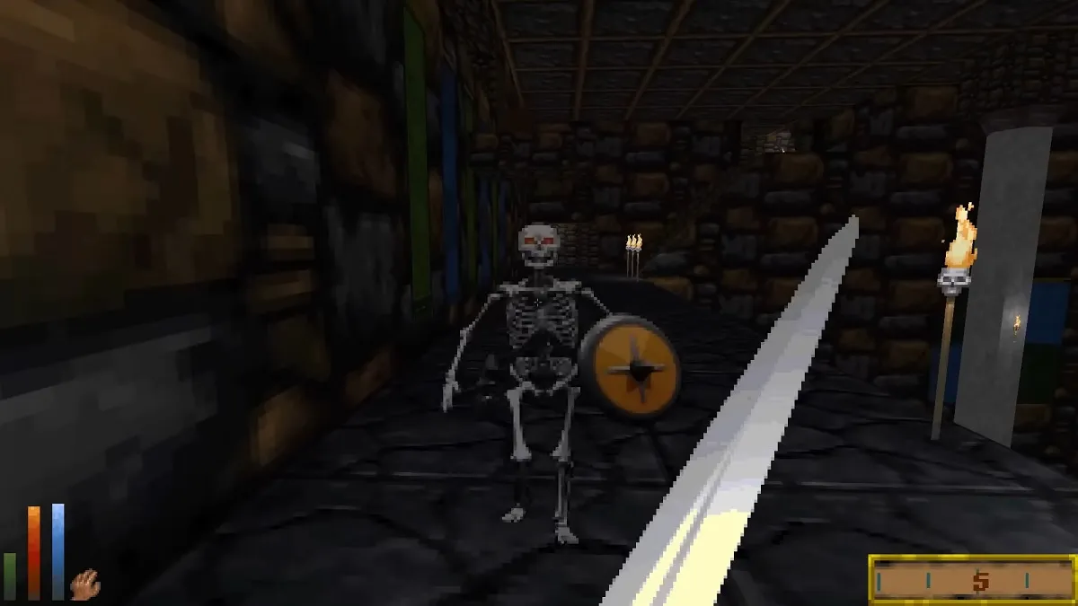 Daggerfall: the player swiping a sword at an advancing skeleton in a dungeon.