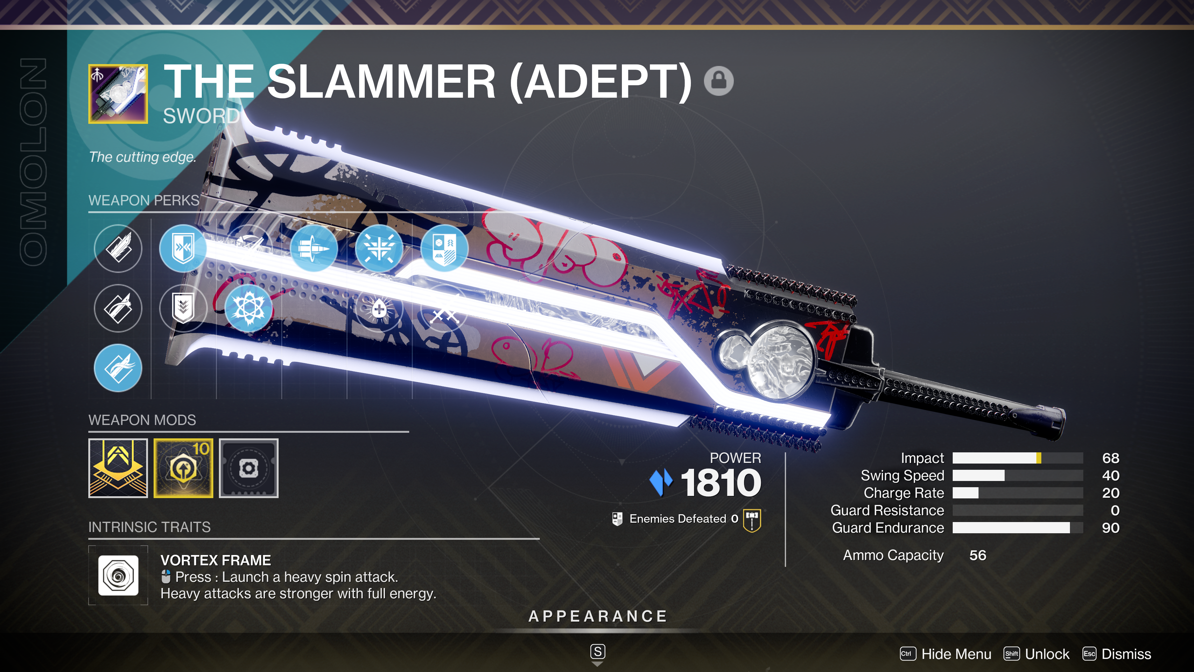 The Slammer (adept) menu in Destiny 2