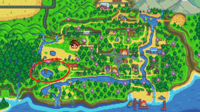 Map showing the location of the Trout Derby in Stardew Valley