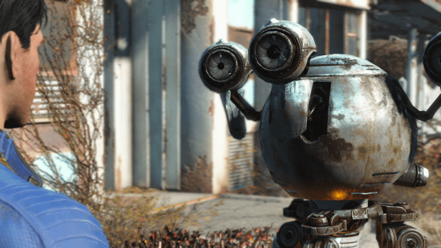 Ein Roboter, der in Fallout 4 mit einem Menschen spricht