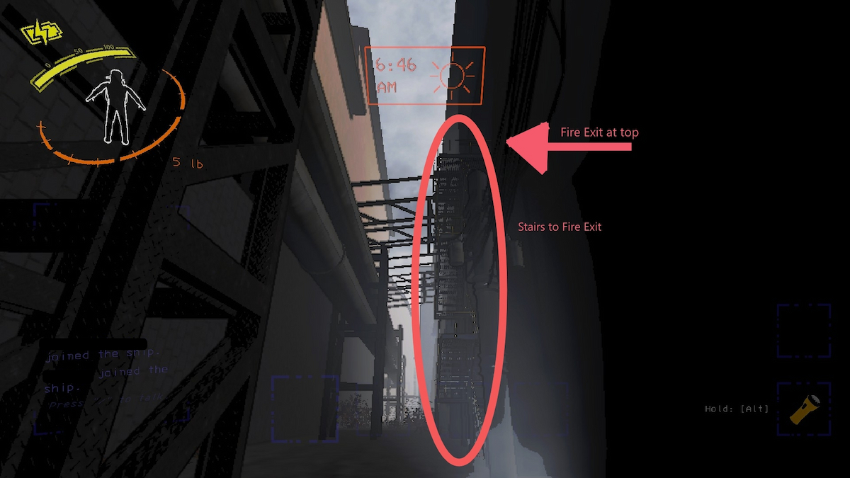 41 - Experimentation, directions to the Fire Escape with arrows pointing to the stairs you take on the right side