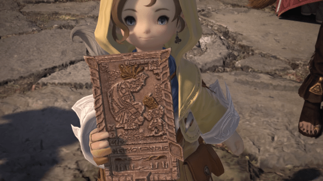 Krile handing something to the WoL in the Final Fantasy XIV: Dawntrail benchmark trailer