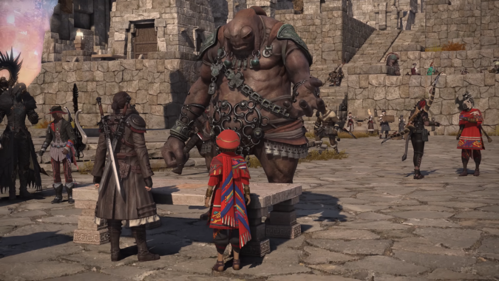 WoL and a Pelupelu talk to a Mamool Ja in the Final Fantasy XIV: Dawntrail benchmark trailer