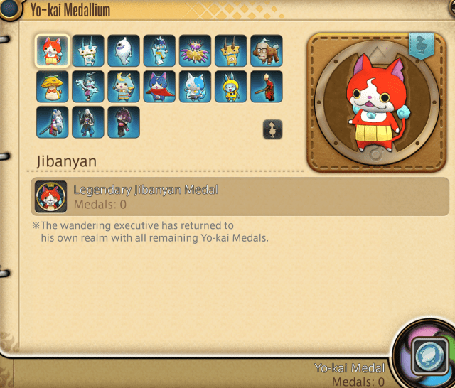 The Yo-Kai Watch FFXIV event window, where players can see all minions and current Yokai Medal count for the collaboration