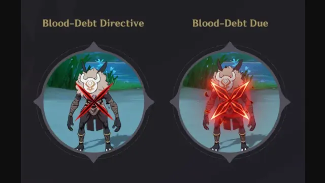 Zwei Hilichurls von Genshin Impact mit einem Blood-Debt Directive-Zeichen und einem Blood-Debt Due-Zeichen