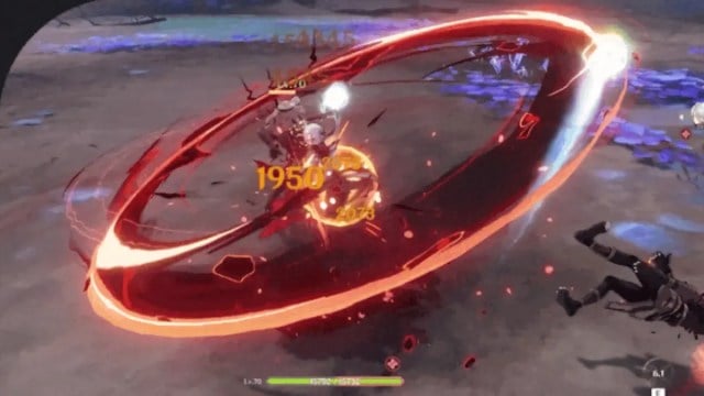 Arlecchino from Genshin Impact uses a Pyro-infused Normal Attack on some Hilichurls