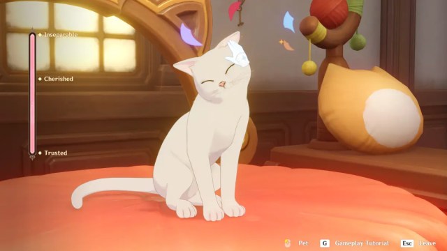 A white cat receives pets during Genshin Impact's Feline Fortress Furdyssey event