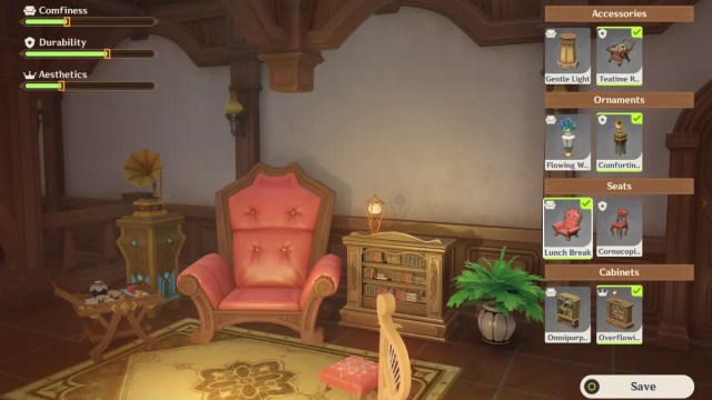 Furniture solution for stage 1 in Genshin Impact's Feline Fortress Furdyssey event.