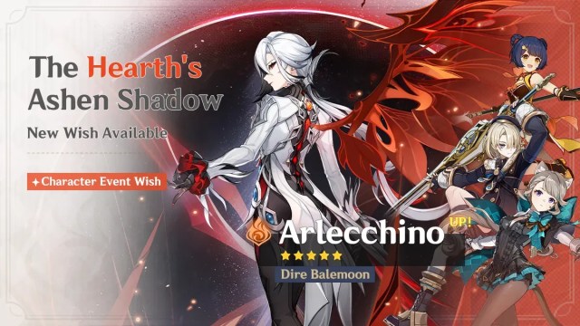 Genshin Impact banner featuring Arlecchino, Xiangling, Freminet, and Lynette