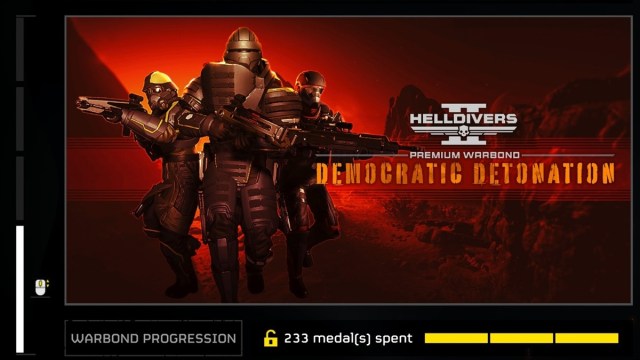 An in-game banner for Helldivers 2's Democratic Detonation Warbond/season pass.
