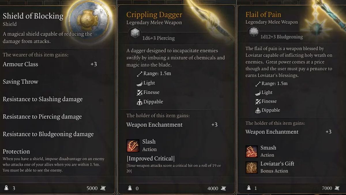 Examples of the legendary items in the Legendary Items mod for Baldur's Gate 3.