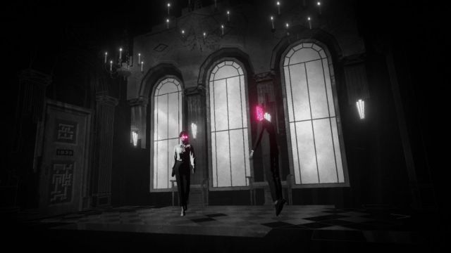 Lorelei and the Laser Eyes manor room, all in black in white with two characters with glowing eyes