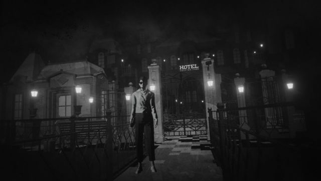 Lorelei and the Laser Eyes hotel scene, with a character standing in front of the entrance