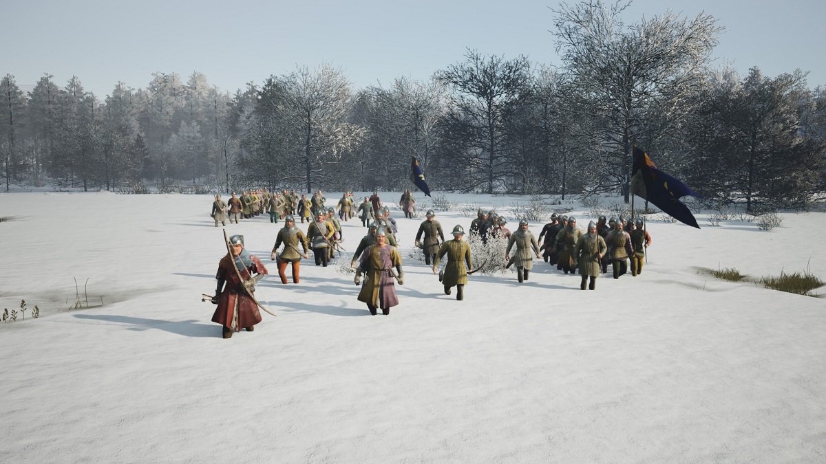 Manor Lords Mercenaries walking through a snowy field.