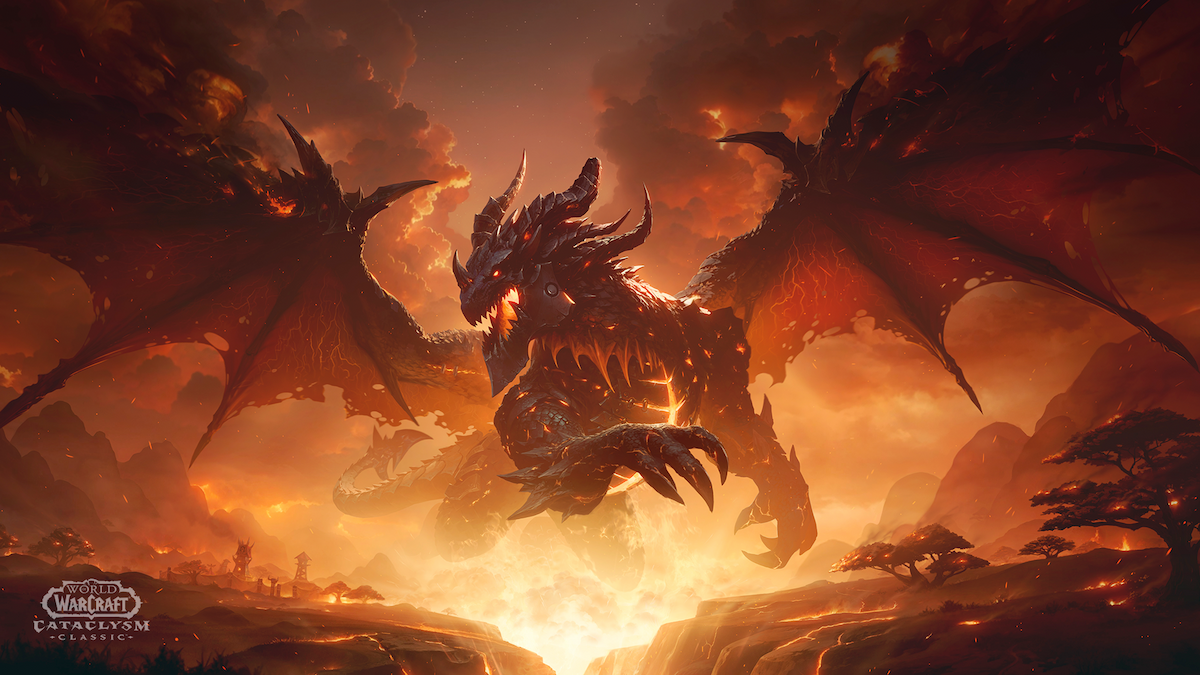 Image of large dragon surrounded by mountains and fire