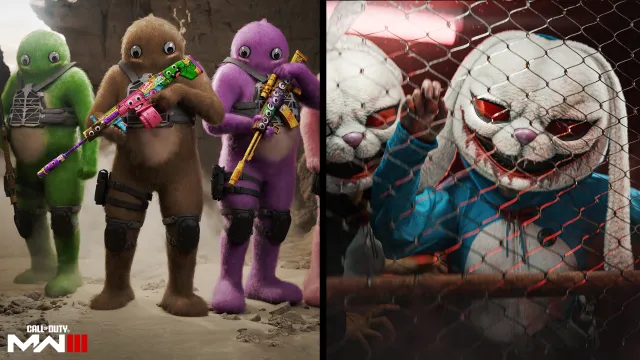 Two groups of MW3 Operator skins. One is a group of furry creatures in brown, green, and purple, while the other are rabbits with red eyes and scary sharp teeth. 