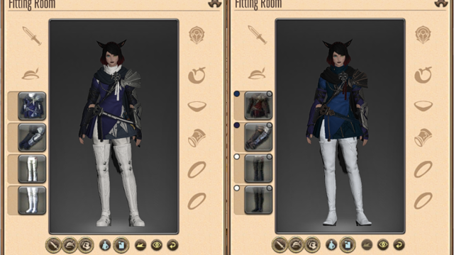 A passable mock-up of the Crystarium Prodigy's outfit using in-game items in FFXIV 