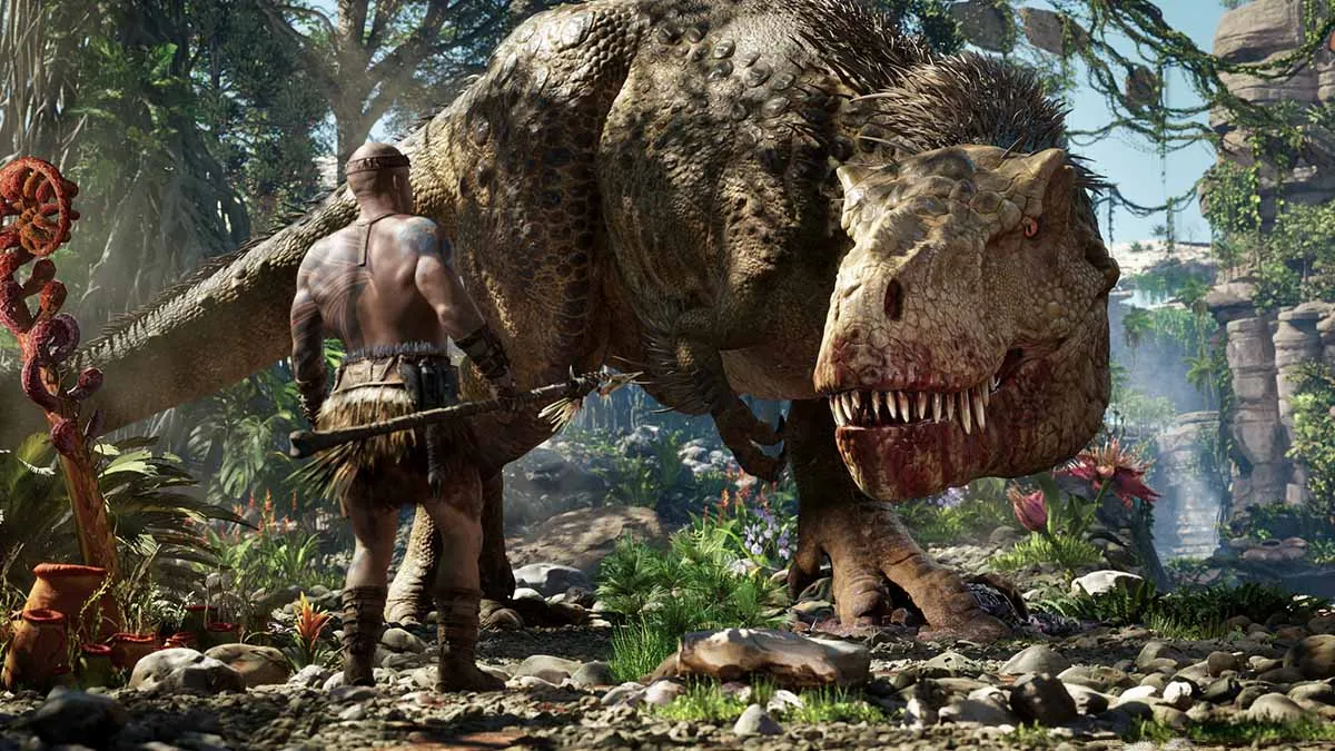 Vin Diesel's Santiago character staring at a giant T-Rex in a jungle
