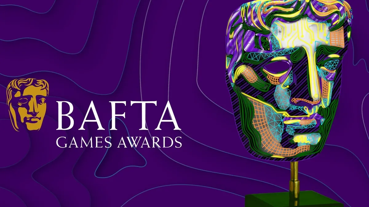 The BAFTA Game Awards trophy on a purple background.