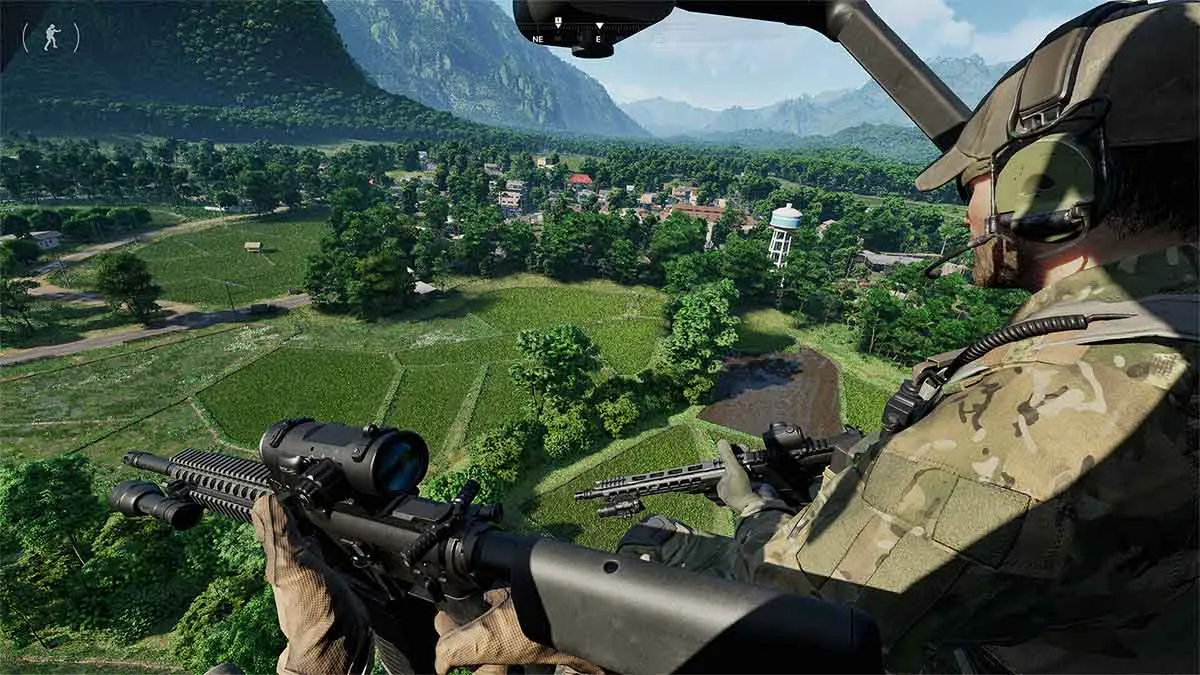 Two Gray Zone Warfare players sitting in a helicopter, which is flying over green fields.