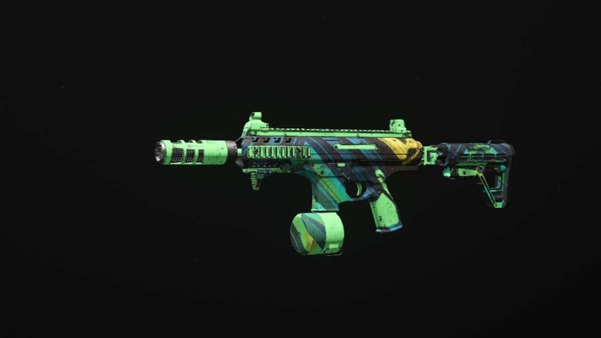 Warzone's HRM-9 SMG, with a green camo, against a black background.