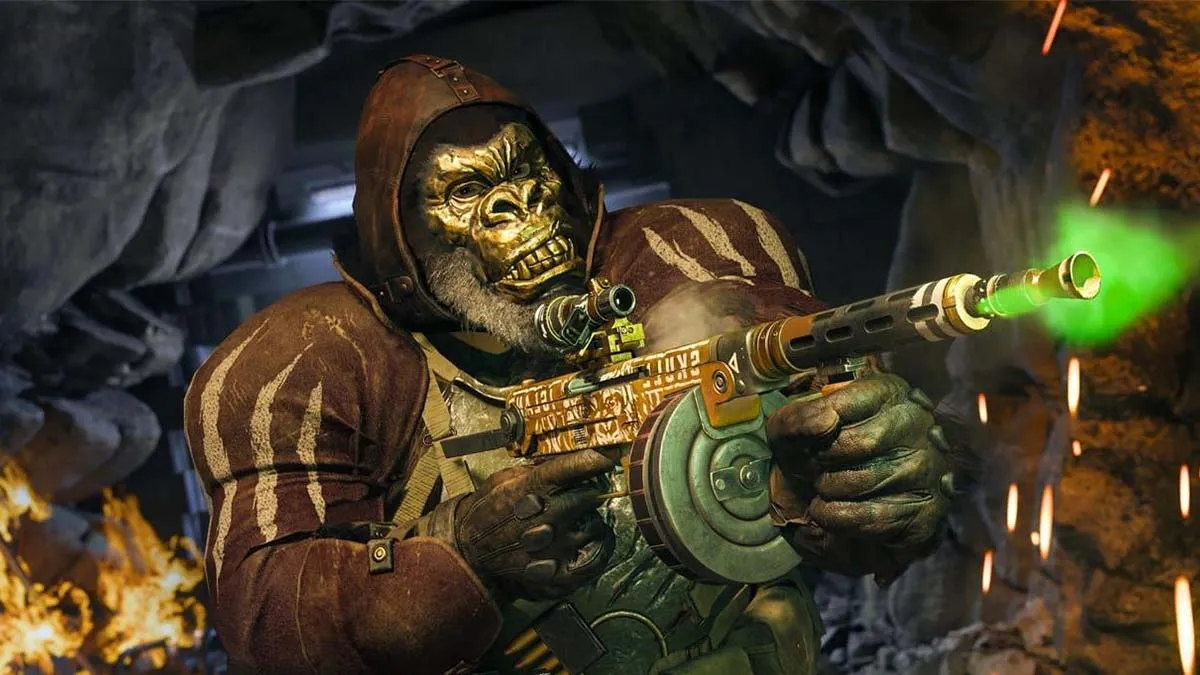 A Gorilla holding an SMG in a cave