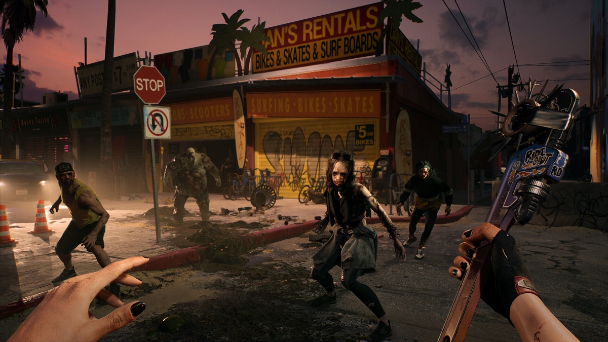 Dead Island 2: the player about to be set upon by lots of zombies.