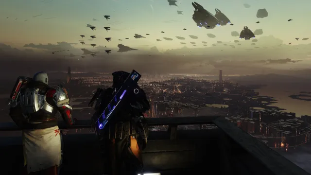 Destiny 2 players watch as ships leave in the distance