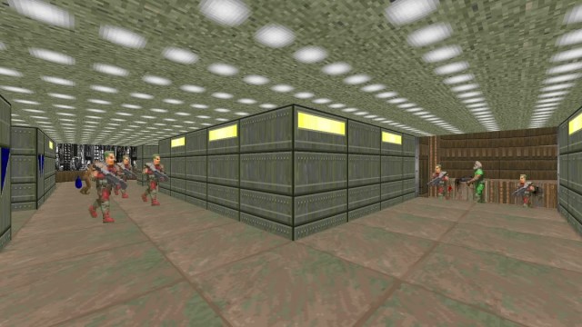 Doom 2: the player runs down a corridor as we see zombies getting into position around the corner.