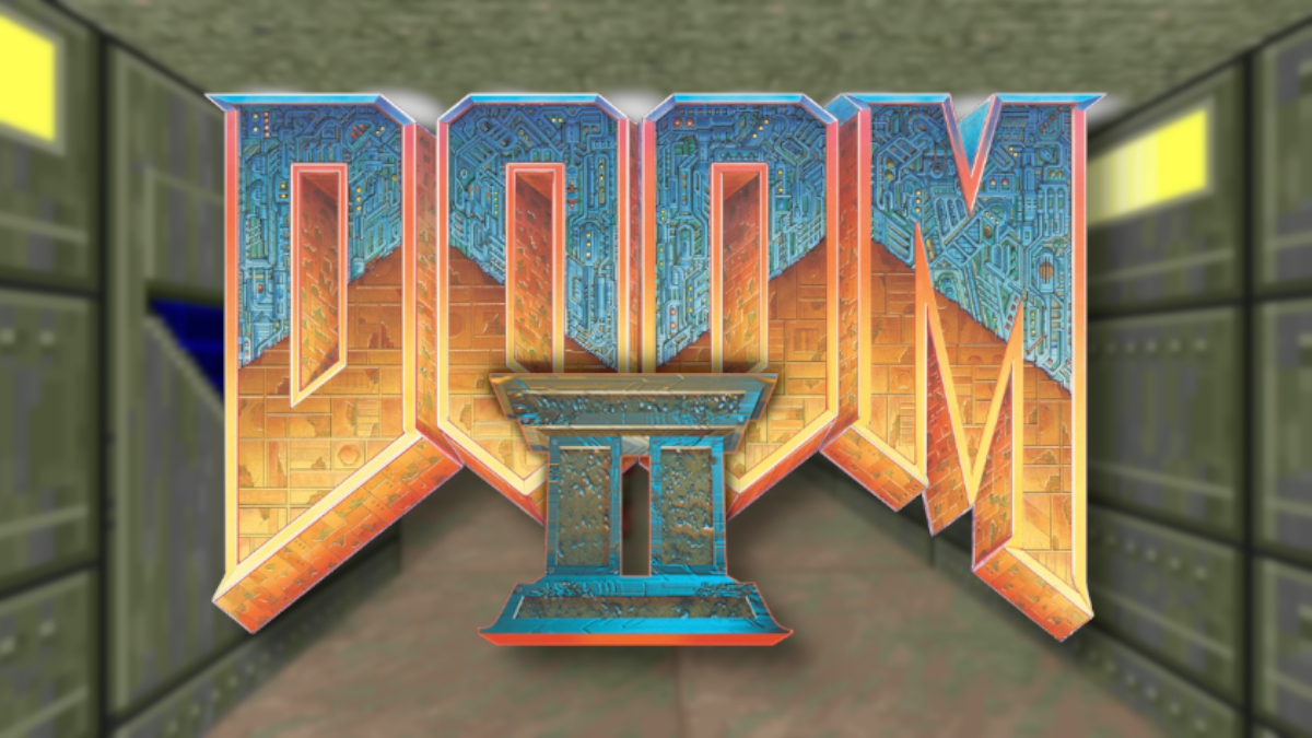 The Doom 2 logo, with a blurry, Doom-esque corridor behind it.