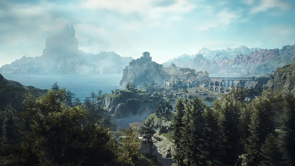 Dragon's Dogma 2: a huge vista with a faded castle off in the far distance.