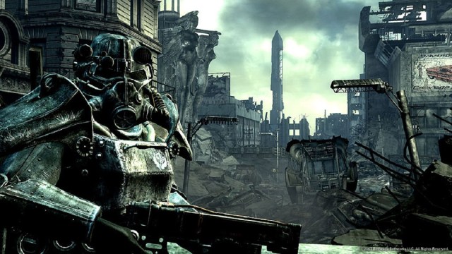 Fallout 3 Brotherhood of Steel member in power armor standing in ruined city