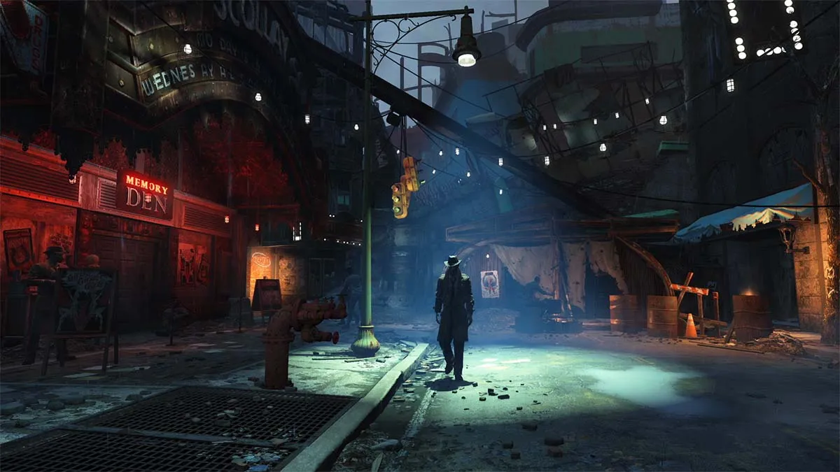 A Fallout 4 character walking through a dark city