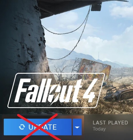 Fallout 4 logo with a red cross over the steam "update" button.