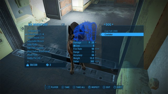 fallout 4 taking cryolator from dogmeat's inventory