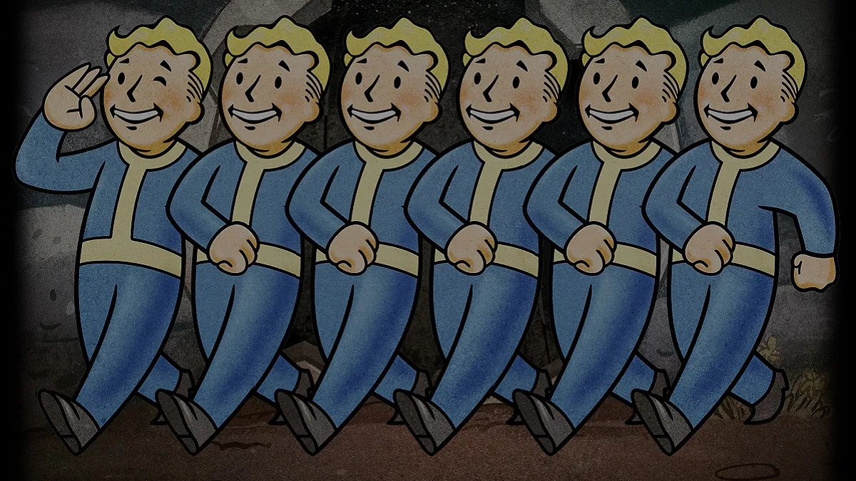 Fallout: a series of Vault Boy mascots standing in a line.