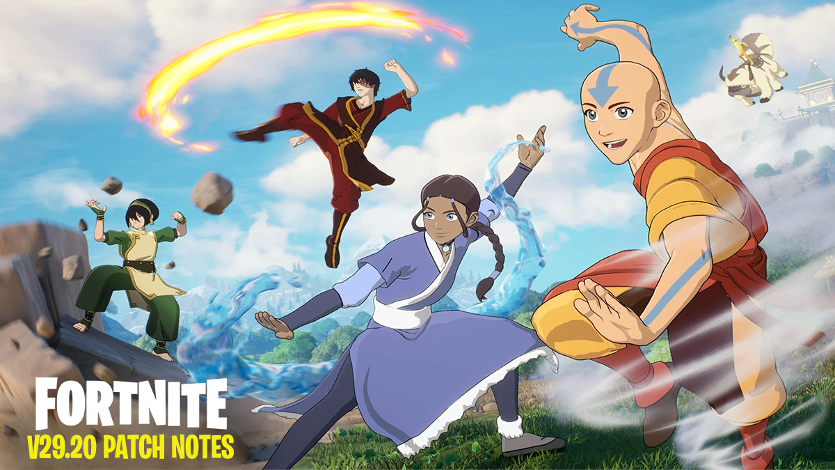 Aang, Katara, Zuko, and Top using their bending abilities in Fortnite
