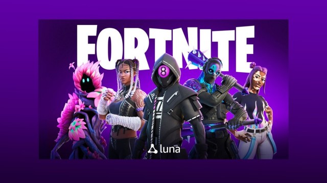 Fortnite characters and logo on purple background