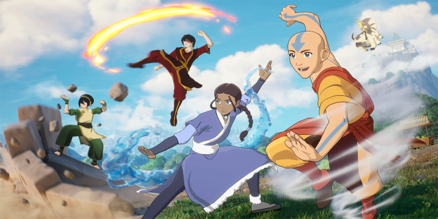 Aang, Katara, Zuko e Toph usando suas habilidades de flexão. 