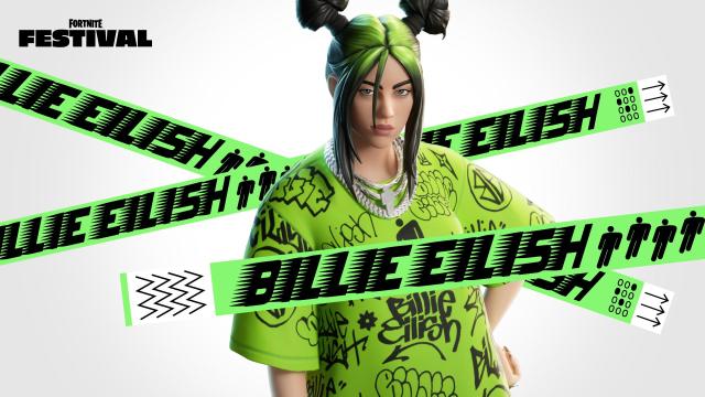 Billie Eilish with green hair, wearing a green shirt in Fortnite