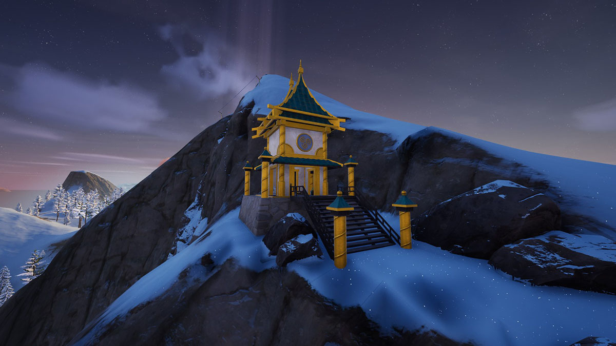 An airbending shrine on the side of a mountain in Fortnite.