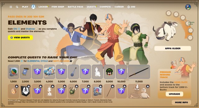 Todas as recompensas do Elements Pass em Fortnite, incluindo a skin Aang. 
