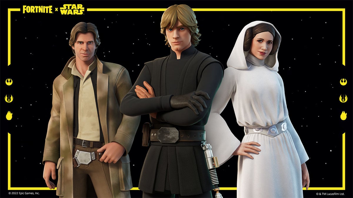 Han Solo, Luke Skywalker, and Princess Leia against a black background.