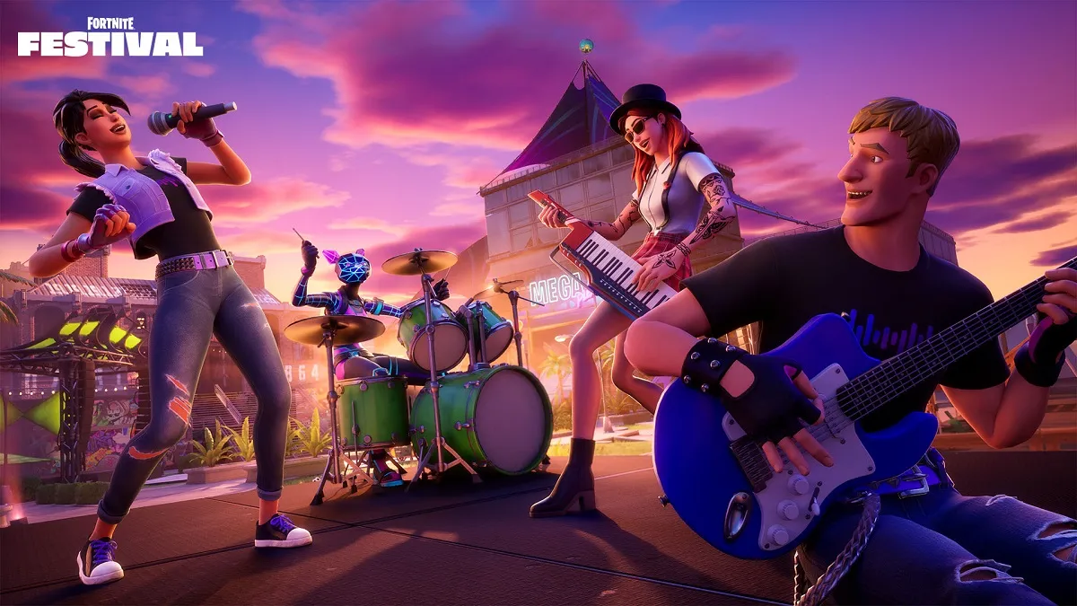 Fortnite Festival musicians playing together in a band