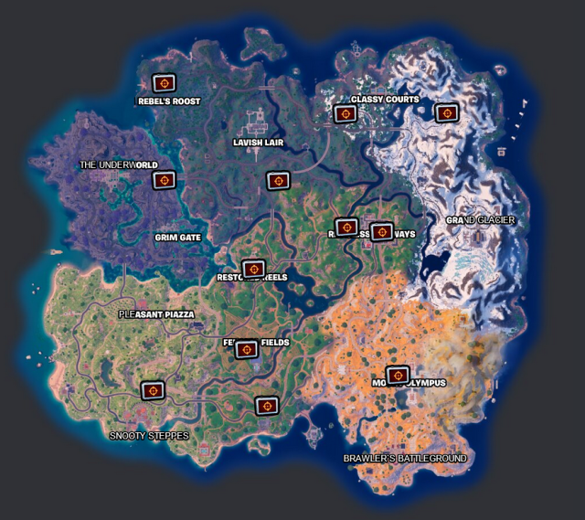 A map showing the locations of SHADOW briefings in Fortnite. 