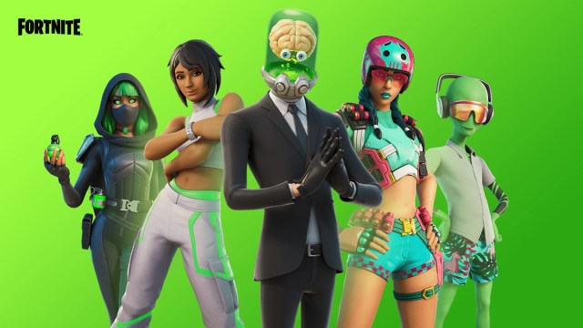 Fortnite characters in a line against bright green backdrop