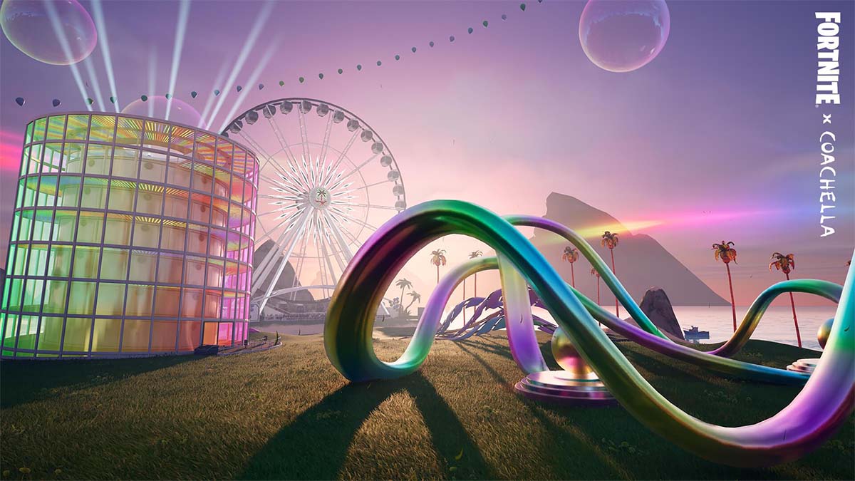 Coachella's big wheel and other art installations with the Fortnite logo.